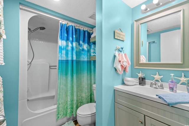 full bath featuring shower / bath combo, visible vents, toilet, a textured ceiling, and vanity