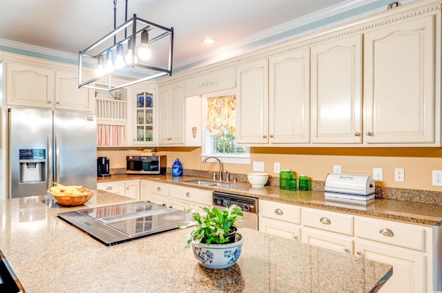 5414 Hampton Rd, Conway, SC 29527 - kitchen with stainless steel appliances, crown molding, a sink, a center island, and hanging light fixtures