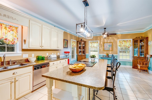 kitchen with dishwasher, hanging light fixtures, a kitchen island, ornamental molding, and ceiling fan