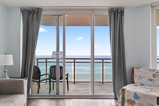 living room with light hardwood / wood-style flooring and a water view