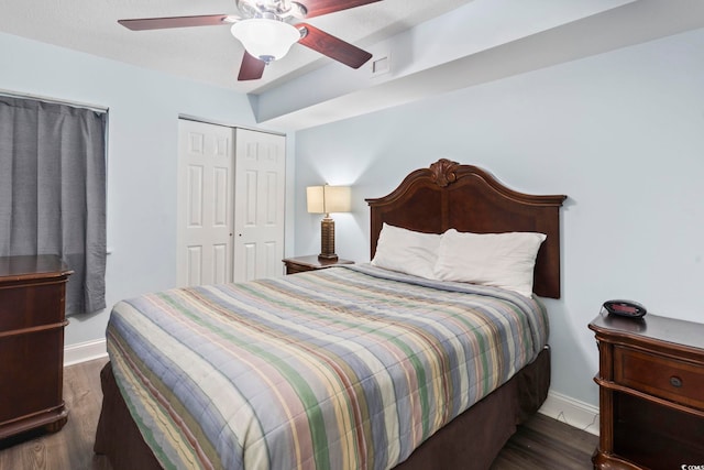 1321 S Ocean Blvd Unit 606, North Myrtle Beach, SC 29582 - bedroom featuring wood finished floors, a closet, and a ceiling fan
