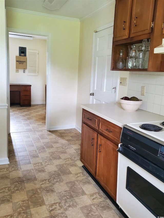 5864 Crestwood Dr, Myrtle Beach, SC 29578 - kitchen featuring white electric range, crown molding, backsplash, light countertops, and brown cabinetry