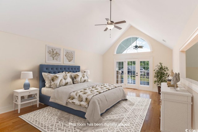 bedroom with hardwood / wood-style flooring, ceiling fan, high vaulted ceiling, access to outside, and french doors