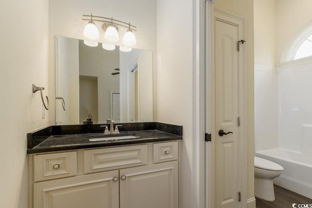 bathroom with vanity, wood-type flooring, and toilet