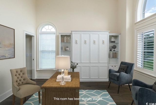 sitting room with dark hardwood / wood-style flooring and a high ceiling