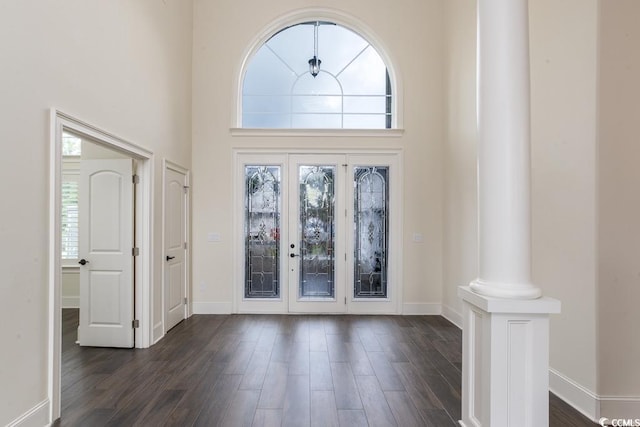 foyer with dark hardwood / wood-style flooring, a towering ceiling, and plenty of natural light