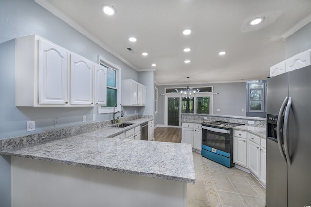 kitchen featuring crown molding, kitchen peninsula, sink, appliances with stainless steel finishes, and white cabinetry