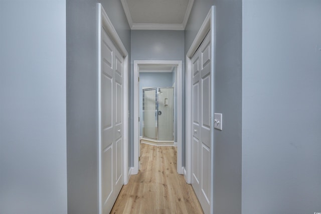 hallway with light hardwood / wood-style flooring and ornamental molding