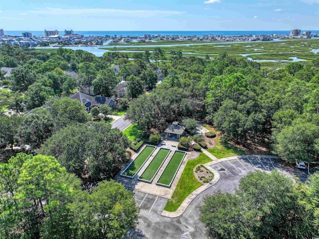 drone / aerial view with a water view