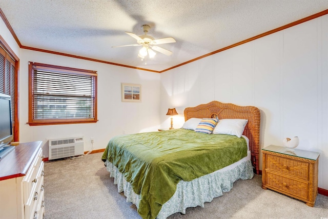 carpeted bedroom featuring a closet, a wall mounted AC, a textured ceiling, ornamental molding, and ceiling fan