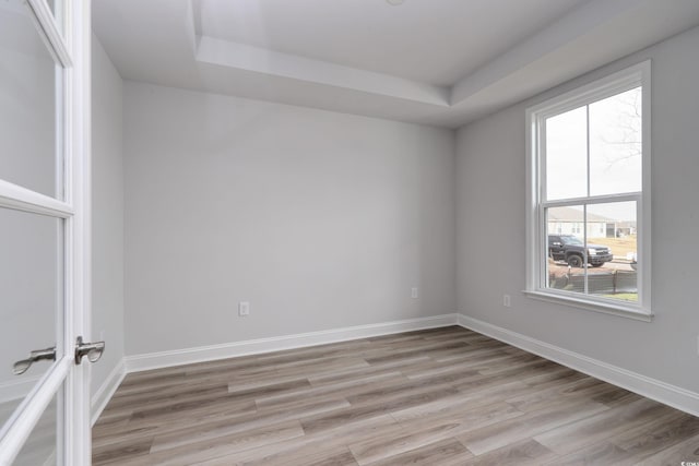 spare room with a raised ceiling and light hardwood / wood-style flooring