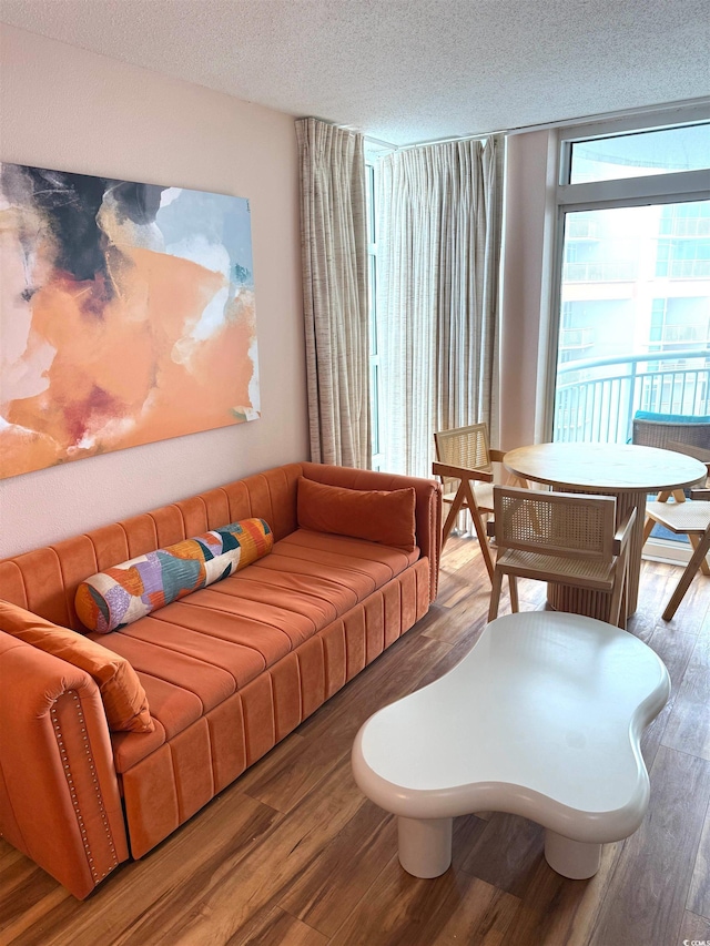 living room featuring hardwood / wood-style flooring and a textured ceiling