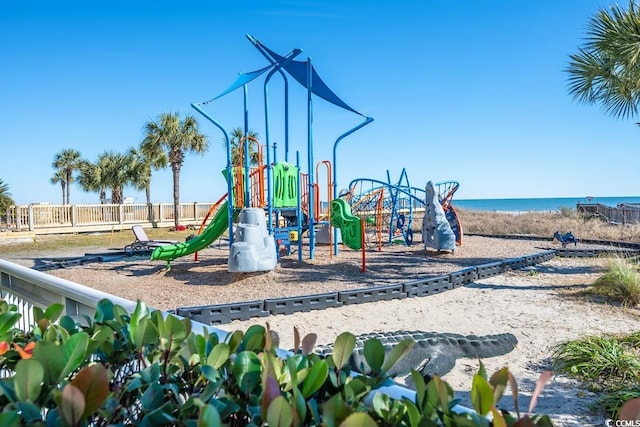 view of play area with a water view