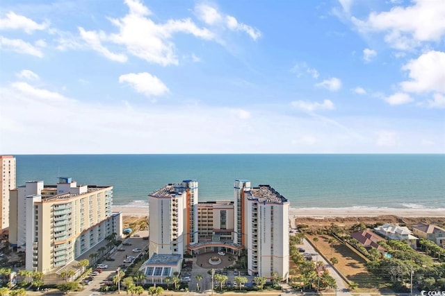 bird's eye view with a water view and a view of the beach