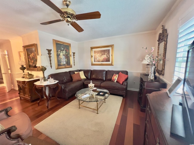 living room featuring hardwood / wood-style flooring, ceiling fan, and crown molding