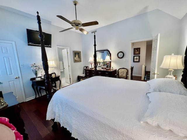 bedroom with lofted ceiling, a ceiling fan, baseboards, and wood finished floors