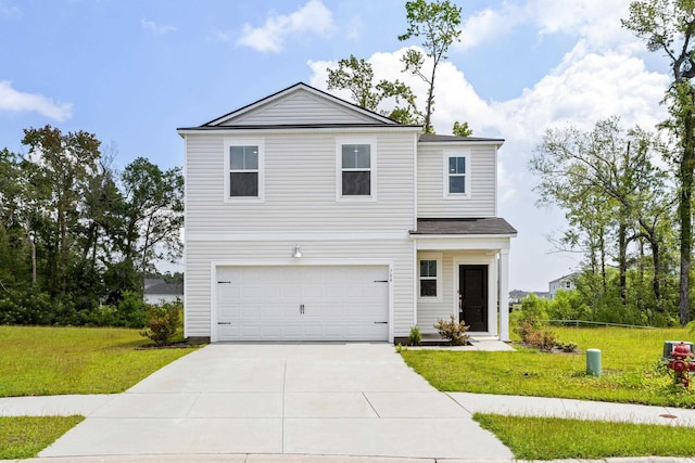 front of property with a garage and a front lawn