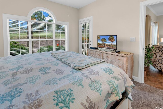 4709 Wild Iris Dr Unit 104, Myrtle Beach, SC 29577 - bedroom with baseboards, access to outside, carpet, and tile patterned floors