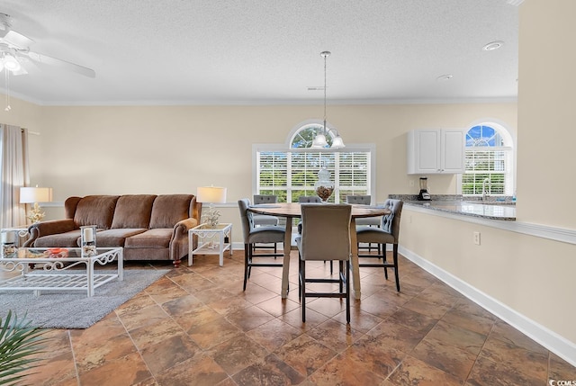 4709 Wild Iris Dr Unit 104, Myrtle Beach, SC 29577 - dining space featuring crown molding, ceiling fan, a textured ceiling, baseboards, and stone finish floors