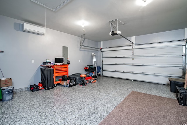 garage featuring a garage door opener, electric panel, and an AC wall unit