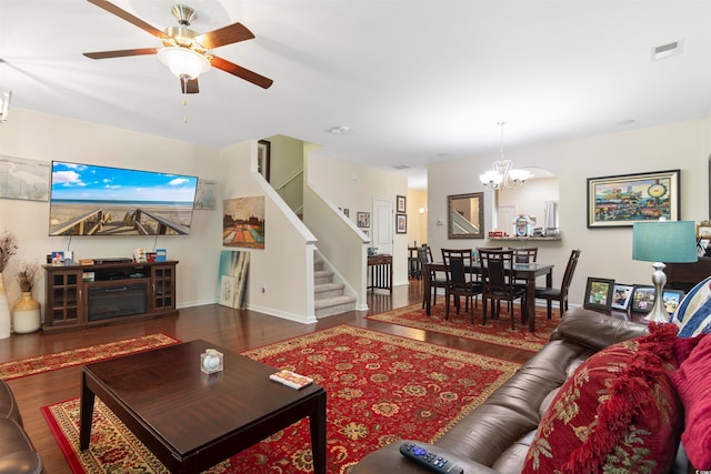 444 Papyrus Cir Unit 444, Little River, SC 29566 - living area with wood finished floors, stairway, a ceiling fan, and a chandelier