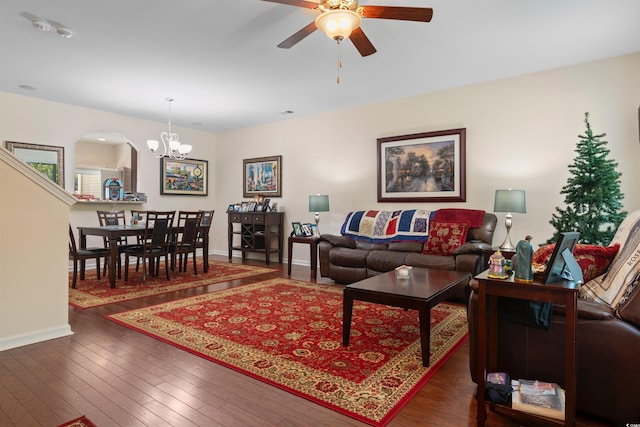 444 Papyrus Cir Unit 444, Little River, SC 29566 - living area with a chandelier, hardwood / wood-style flooring, ceiling fan, and arched walkways