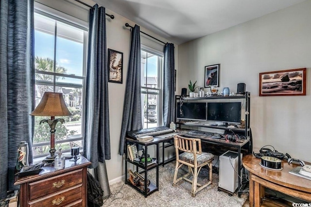 home office featuring a wealth of natural light and light colored carpet