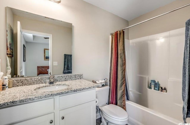 full bathroom with vanity, toilet, and shower / bathtub combination with curtain