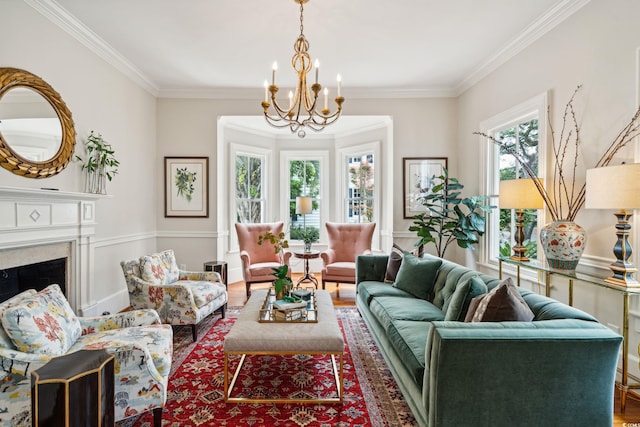 living room featuring a healthy amount of sunlight, hardwood / wood-style flooring, and crown molding