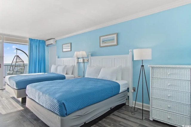 bedroom with a wall mounted AC, crown molding, and hardwood / wood-style flooring