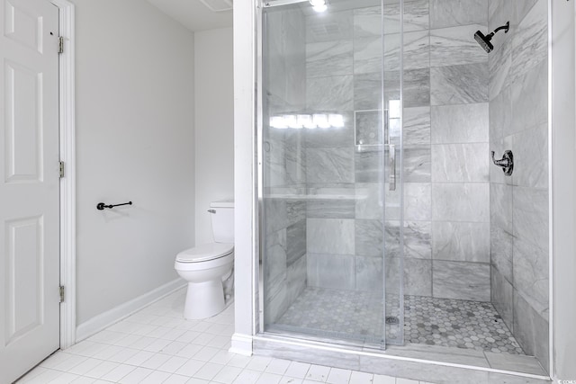 bathroom with an enclosed shower, toilet, and tile patterned flooring