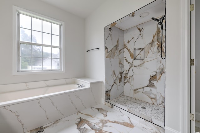 full bath featuring a marble finish shower and a bath