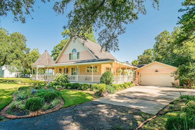 farmhouse-style home with covered porch, driveway, and a front yard