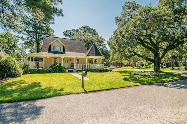 farmhouse-style home with a front yard and covered porch