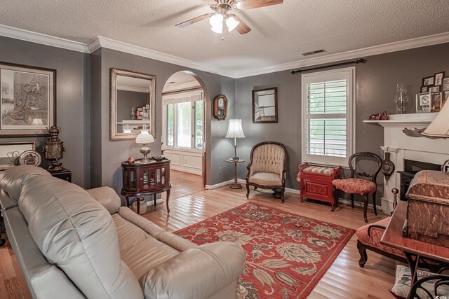 living room featuring light wood-type flooring, plenty of natural light, ornamental molding, and ceiling fan