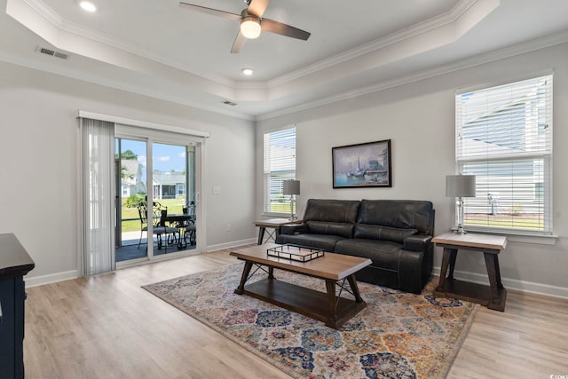 living room featuring plenty of natural light, light hardwood / wood-style flooring, and a tray ceiling