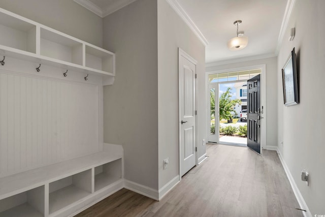 mudroom featuring light hardwood / wood-style flooring and ornamental molding