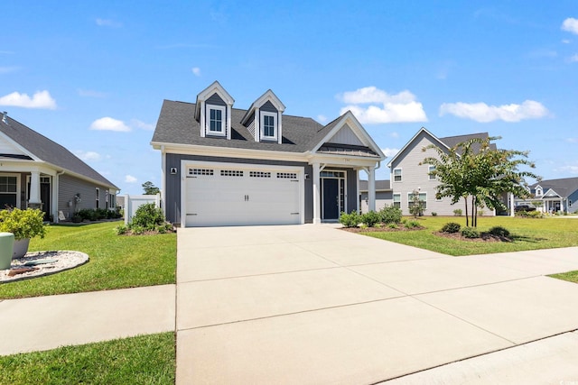 view of front of property featuring a front yard and a garage