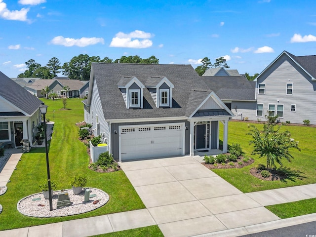 view of front of house with a front yard and a garage