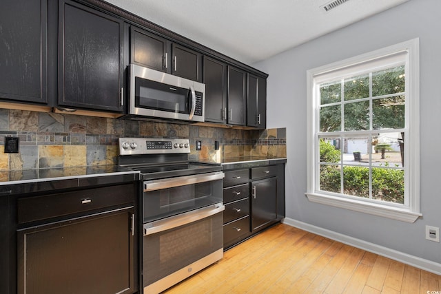 kitchen with light wood-style floors, baseboards, appliances with stainless steel finishes, and decorative backsplash