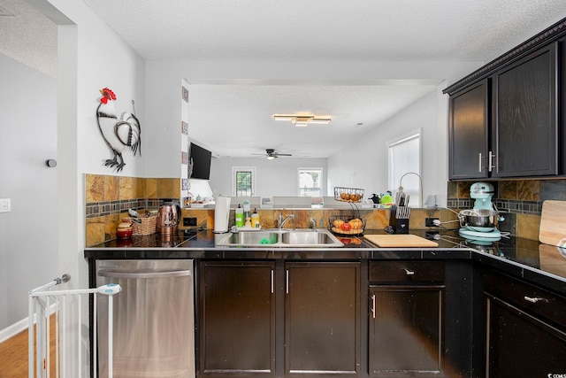 kitchen featuring a textured ceiling, dark brown cabinets, and sink