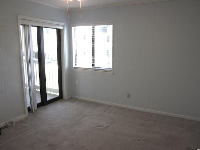 spare room with ornamental molding, a healthy amount of sunlight, and carpet