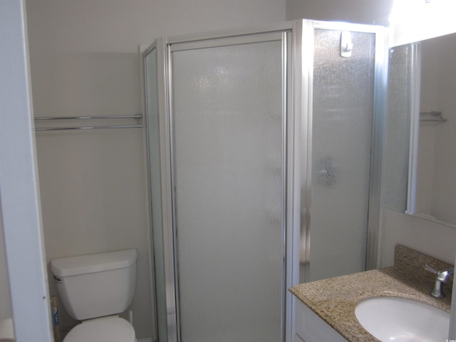 bathroom featuring vanity, toilet, and a shower with shower door