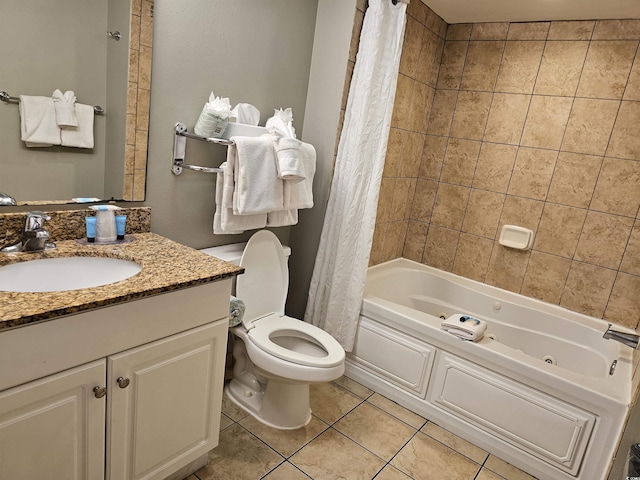 full bathroom featuring tile patterned flooring, vanity, toilet, and shower / bathtub combination with curtain