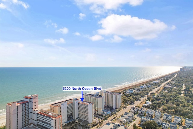 drone / aerial view featuring a water view and a view of the beach