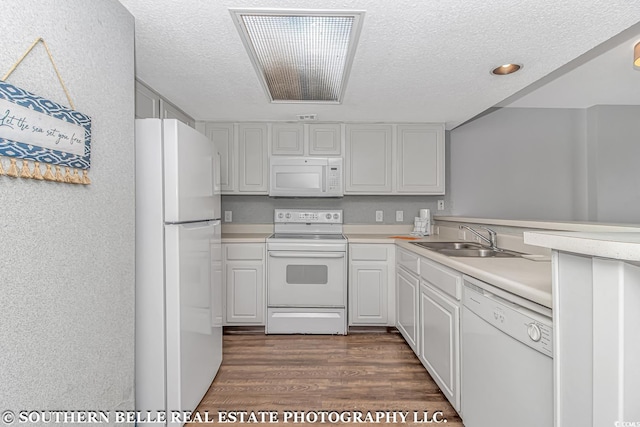 kitchen featuring a textured ceiling, white appliances, dark hardwood / wood-style flooring, and sink