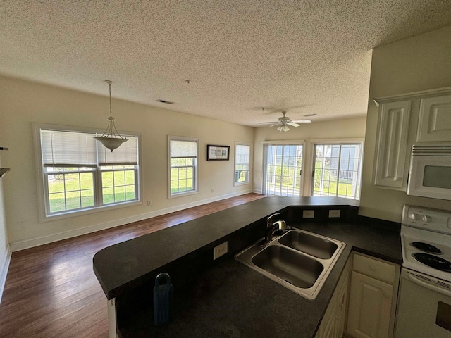 kitchen featuring white appliances, plenty of natural light, sink, and ceiling fan