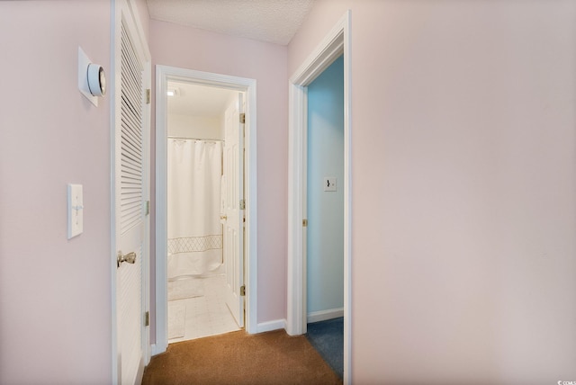 hall featuring carpet and a textured ceiling