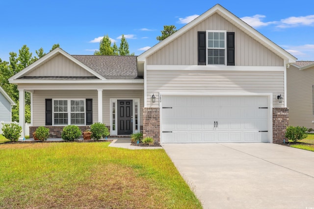 view of front of house featuring brick siding, board and batten siding, concrete driveway, and a front lawn