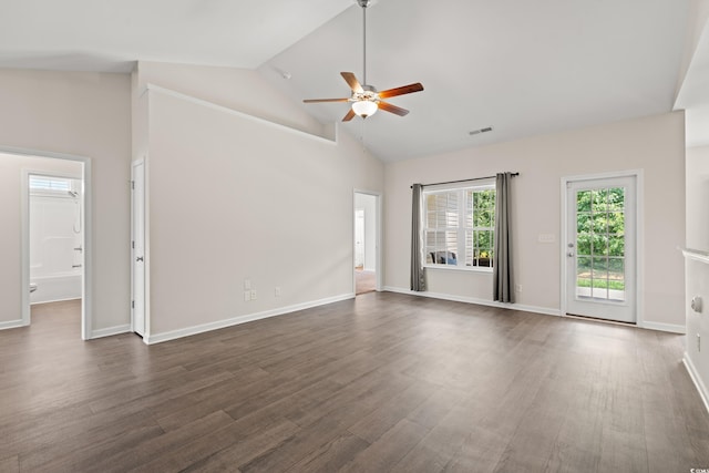 interior space with hardwood / wood-style floors, high vaulted ceiling, and ceiling fan